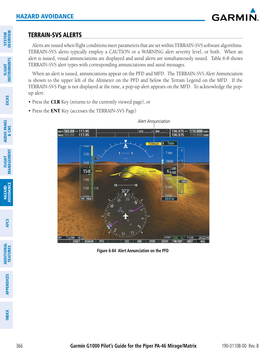 Terrain-svs alerts, Hazard avoidance | Garmin G1000 Piper PA-46 Matrix User Manual | Page 380 / 600