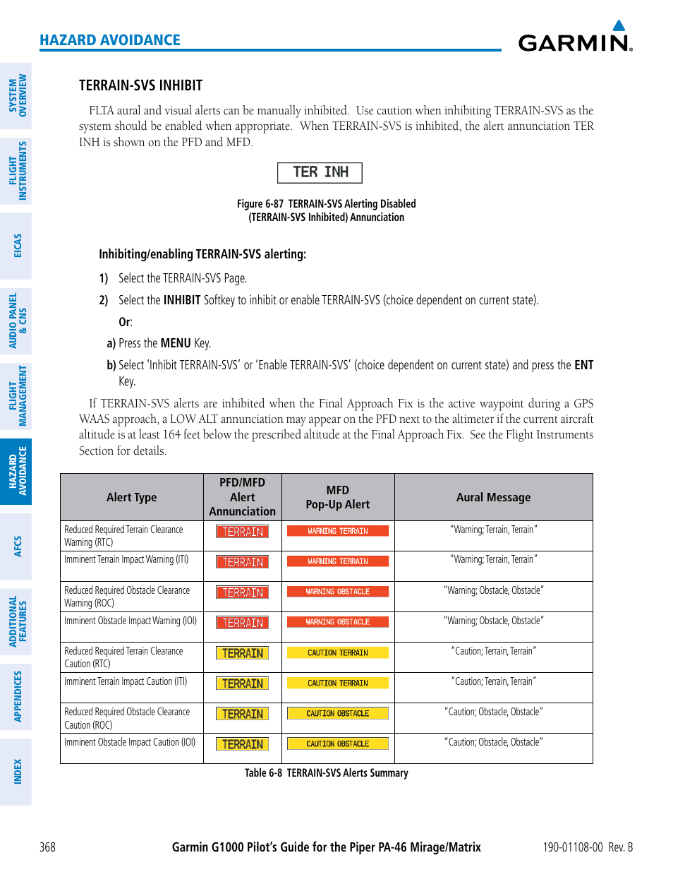 Hazard avoidance, Terrain-svs inhibit | Garmin G1000 Piper PA-46 Matrix User Manual | Page 382 / 600