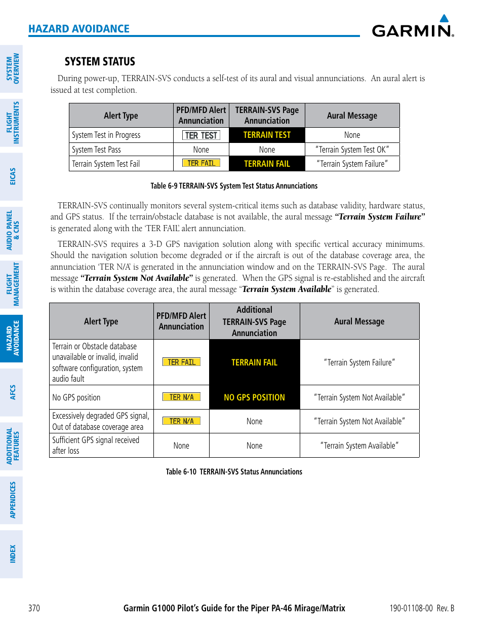 System status, Hazard avoidance | Garmin G1000 Piper PA-46 Matrix User Manual | Page 384 / 600