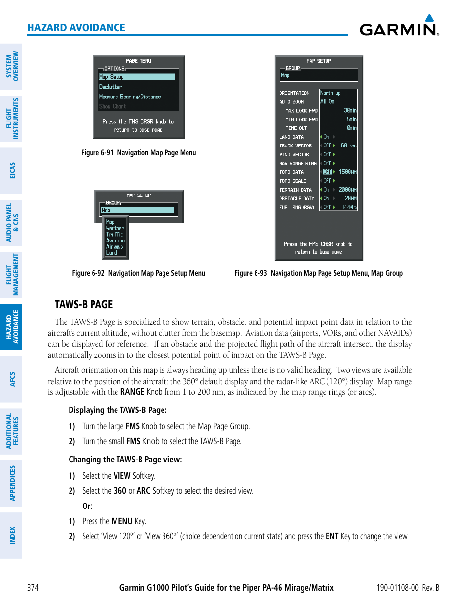 Taws-b page, Hazard avoidance | Garmin G1000 Piper PA-46 Matrix User Manual | Page 388 / 600