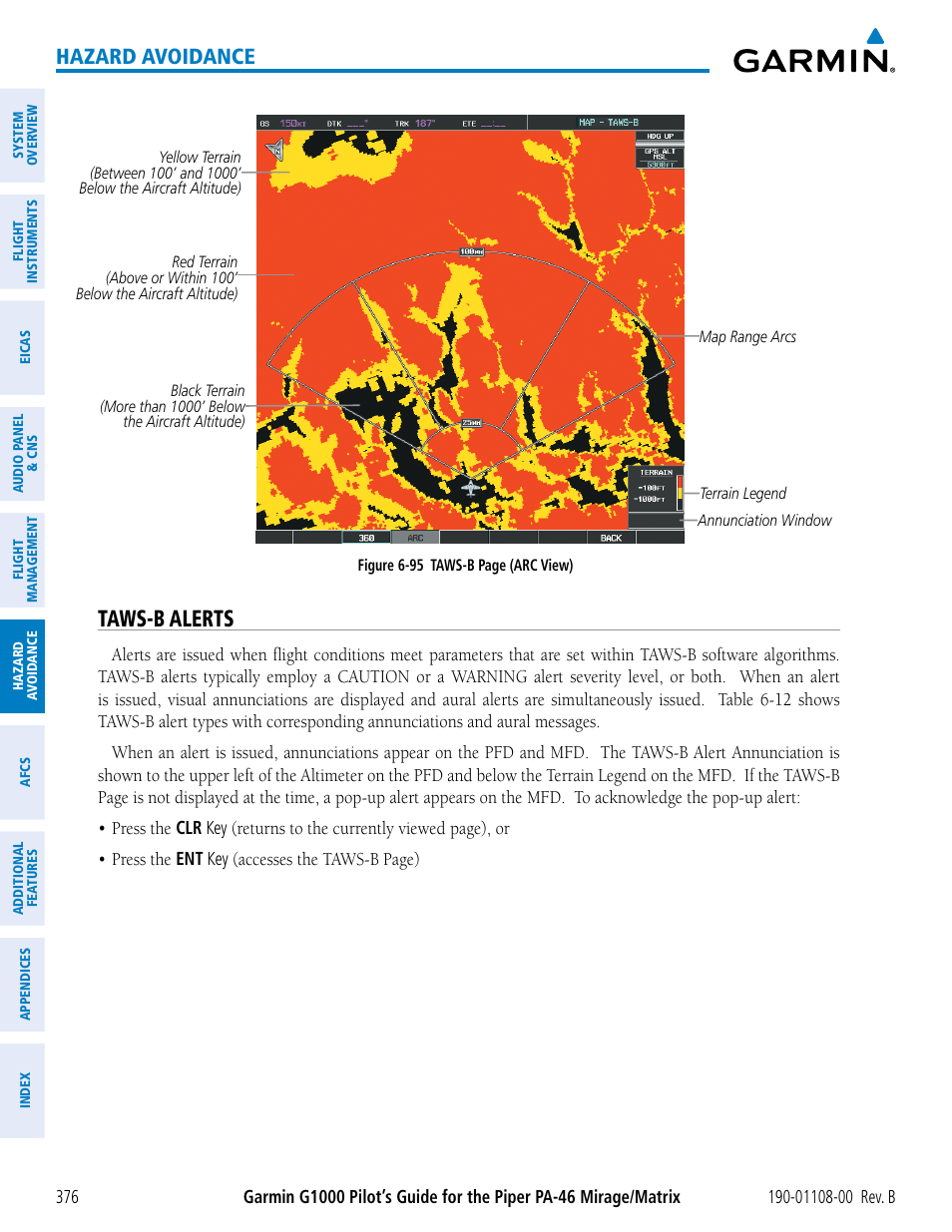 Taws-b alerts, Hazard avoidance | Garmin G1000 Piper PA-46 Matrix User Manual | Page 390 / 600