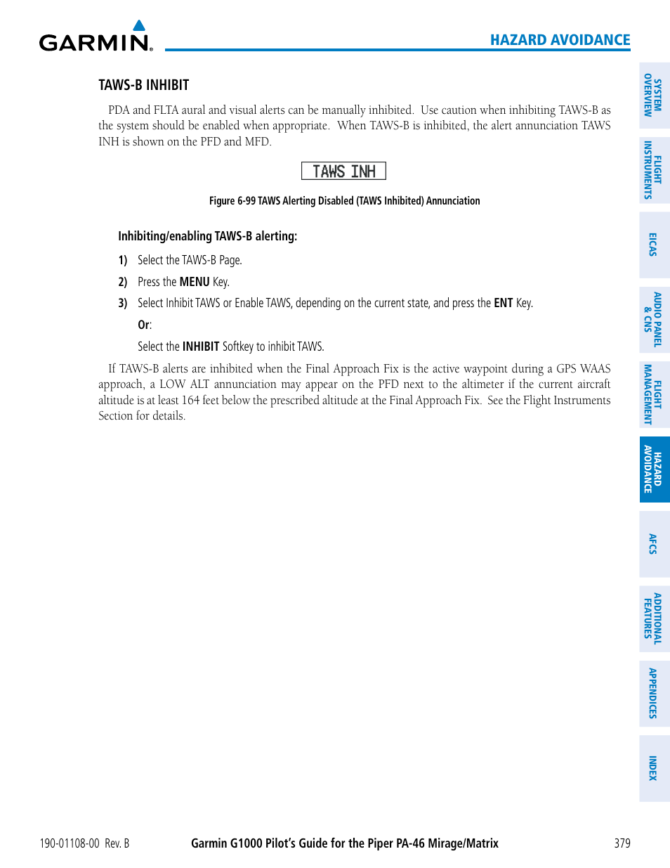 Hazard avoidance, Taws-b inhibit | Garmin G1000 Piper PA-46 Matrix User Manual | Page 393 / 600