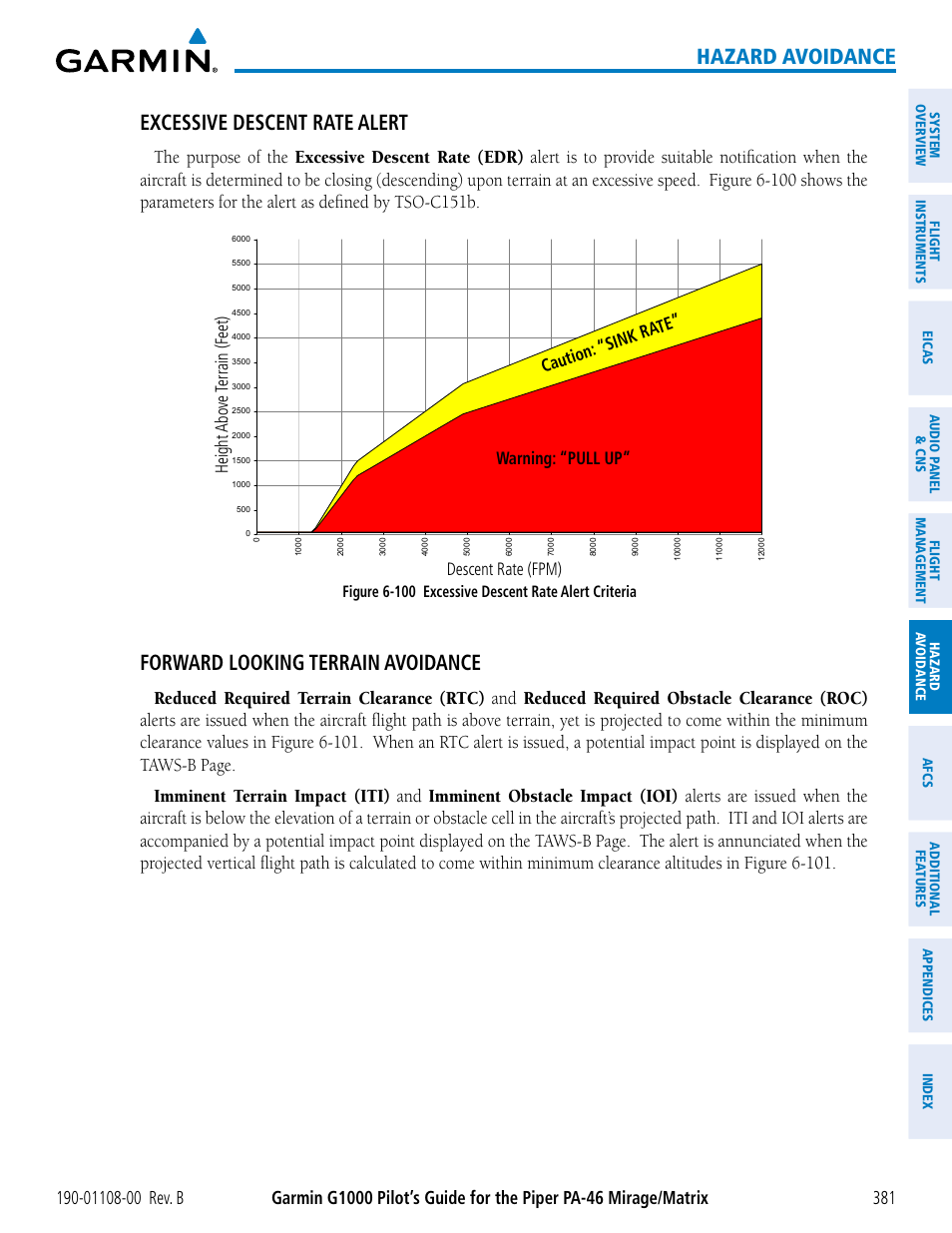 Hazard avoidance, Excessive descent rate alert, Forward looking terrain avoidance | Figure 6-100 excessive descent rate alert criteria | Garmin G1000 Piper PA-46 Matrix User Manual | Page 395 / 600