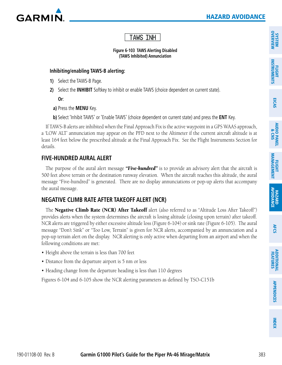 Hazard avoidance, Five-hundred aural alert, Negative climb rate after takeoff alert (ncr) | Garmin G1000 Piper PA-46 Matrix User Manual | Page 397 / 600