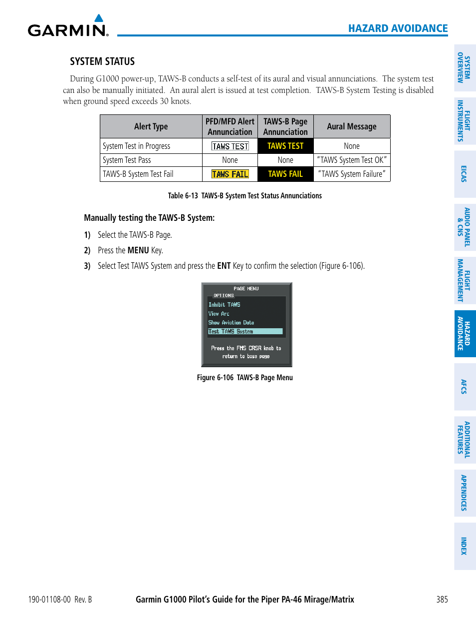 Hazard avoidance, System status | Garmin G1000 Piper PA-46 Matrix User Manual | Page 399 / 600
