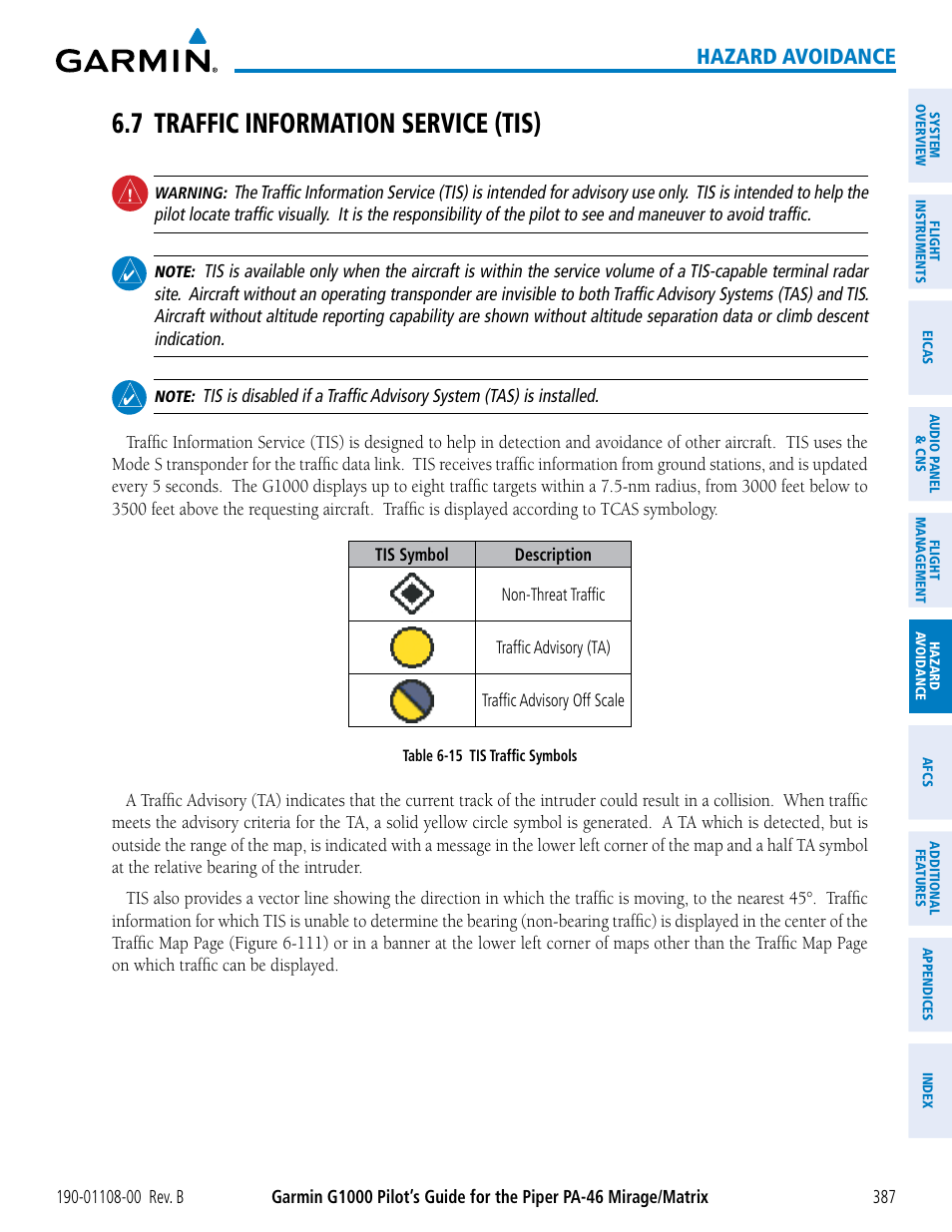 7 traffic information service (tis), Hazard avoidance | Garmin G1000 Piper PA-46 Matrix User Manual | Page 401 / 600