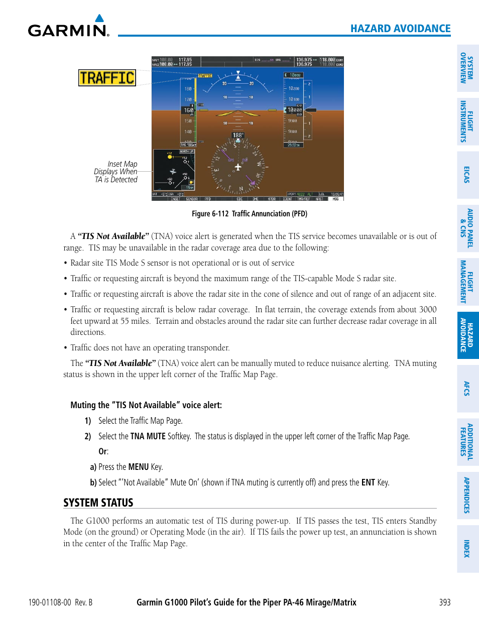 System status, Hazard avoidance | Garmin G1000 Piper PA-46 Matrix User Manual | Page 407 / 600