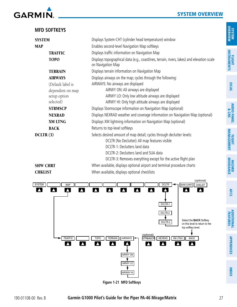 System overview, Mfd softkeys | Garmin G1000 Piper PA-46 Matrix User Manual | Page 41 / 600