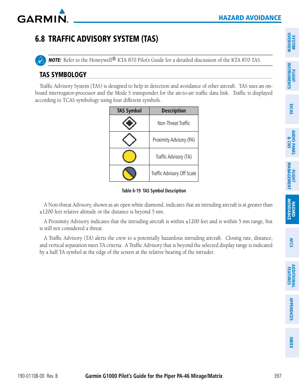 8 traffic advisory system (tas), Tas symbology, Hazard avoidance | Garmin G1000 Piper PA-46 Matrix User Manual | Page 411 / 600