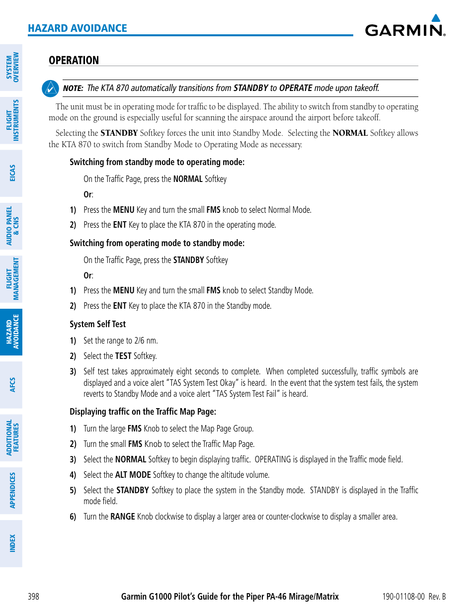 Operation, Hazard avoidance | Garmin G1000 Piper PA-46 Matrix User Manual | Page 412 / 600
