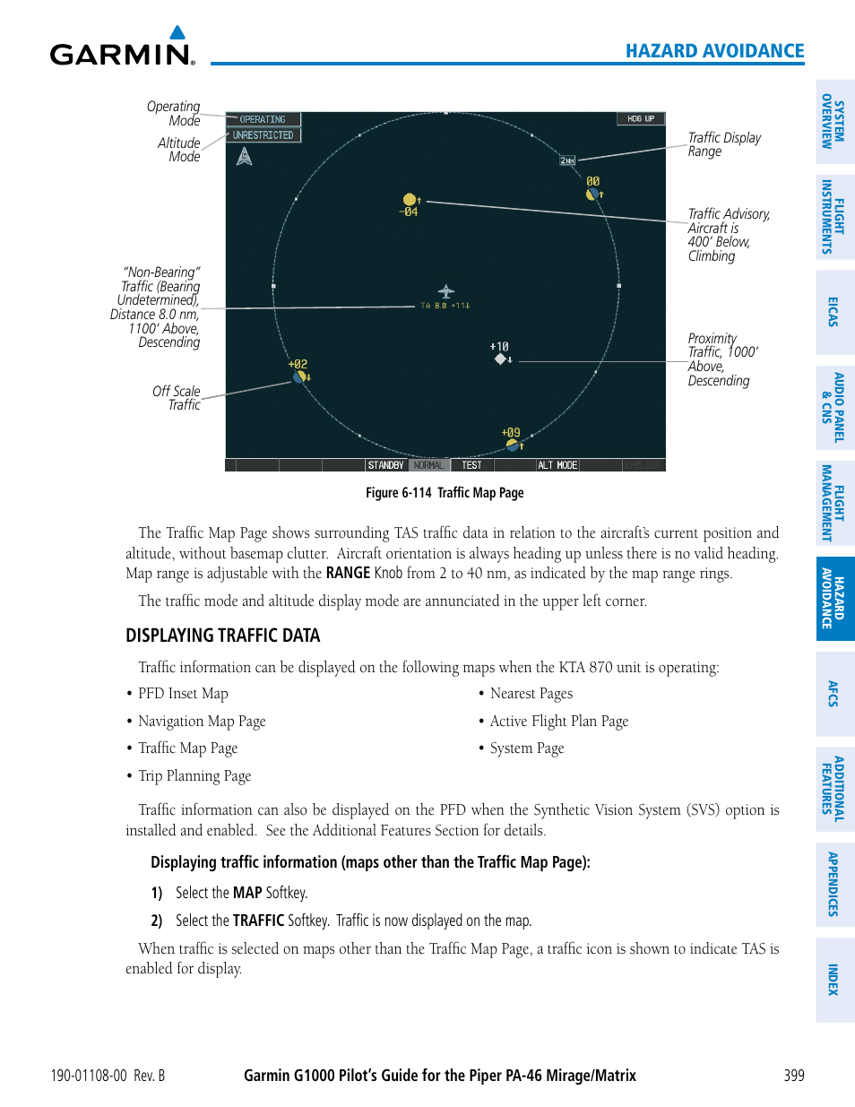 Hazard avoidance, Displaying traffic data | Garmin G1000 Piper PA-46 Matrix User Manual | Page 413 / 600