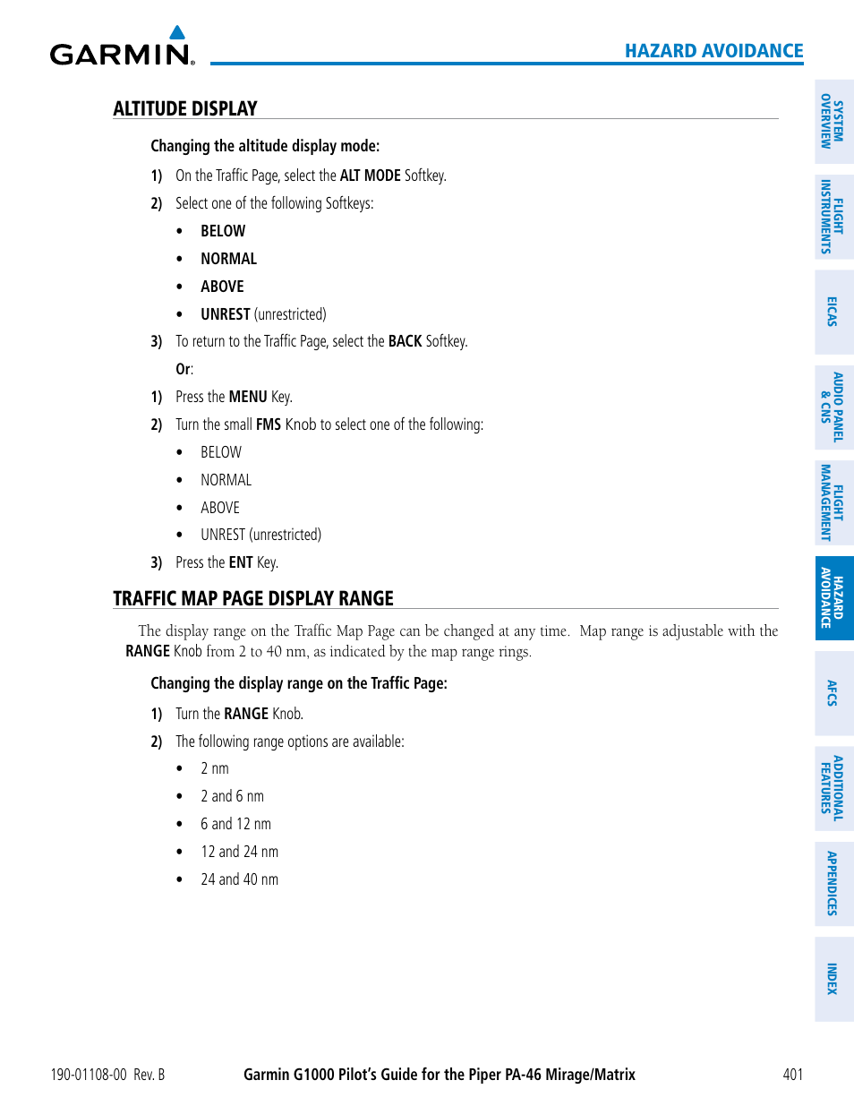 Altitude display, Traffic map page display range, Hazard avoidance | Garmin G1000 Piper PA-46 Matrix User Manual | Page 415 / 600