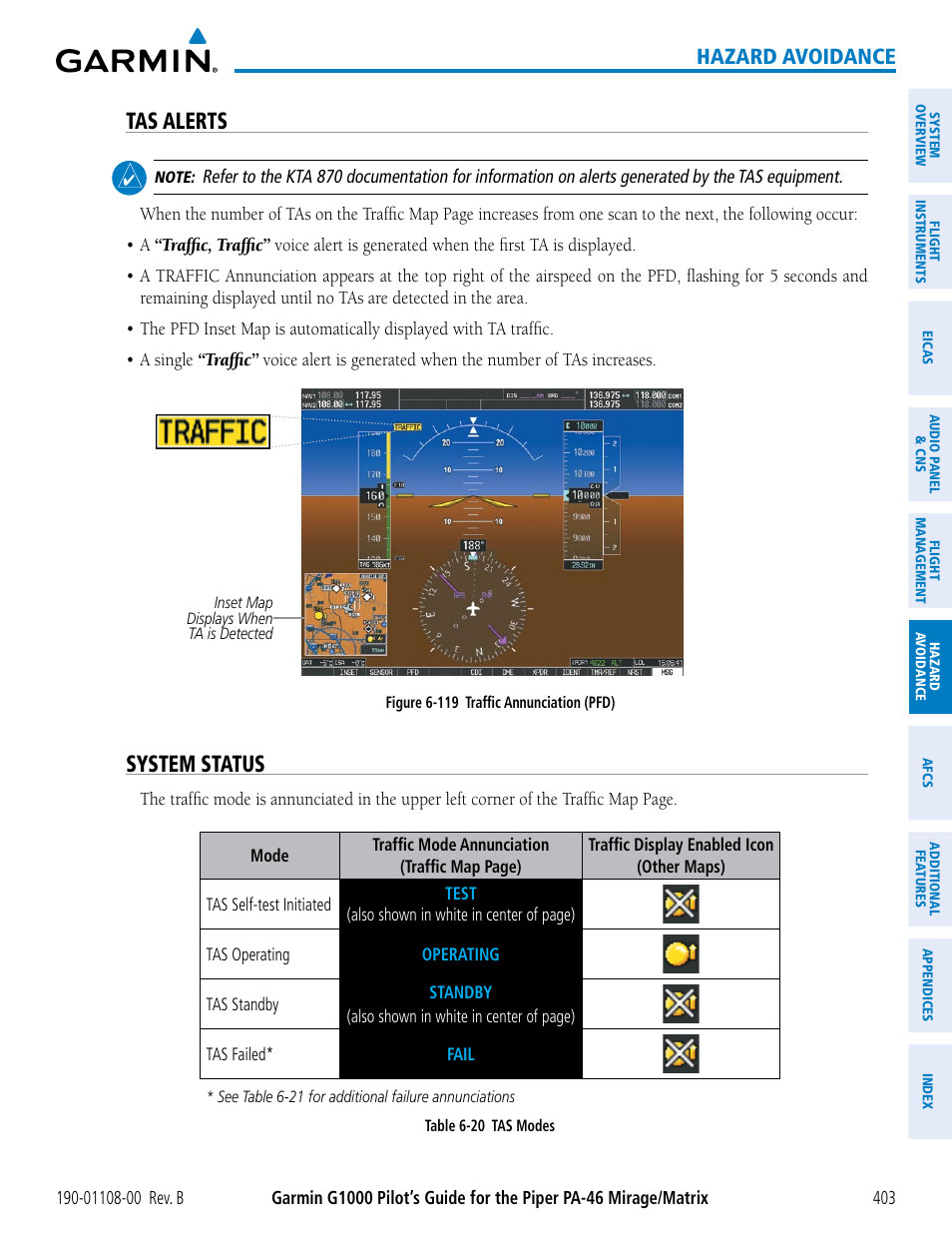 Tas alerts, System status, Hazard avoidance | Garmin G1000 Piper PA-46 Matrix User Manual | Page 417 / 600