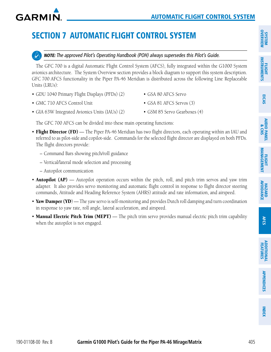 Section 7 automatic flight control system, Automatic flight control system | Garmin G1000 Piper PA-46 Matrix User Manual | Page 419 / 600