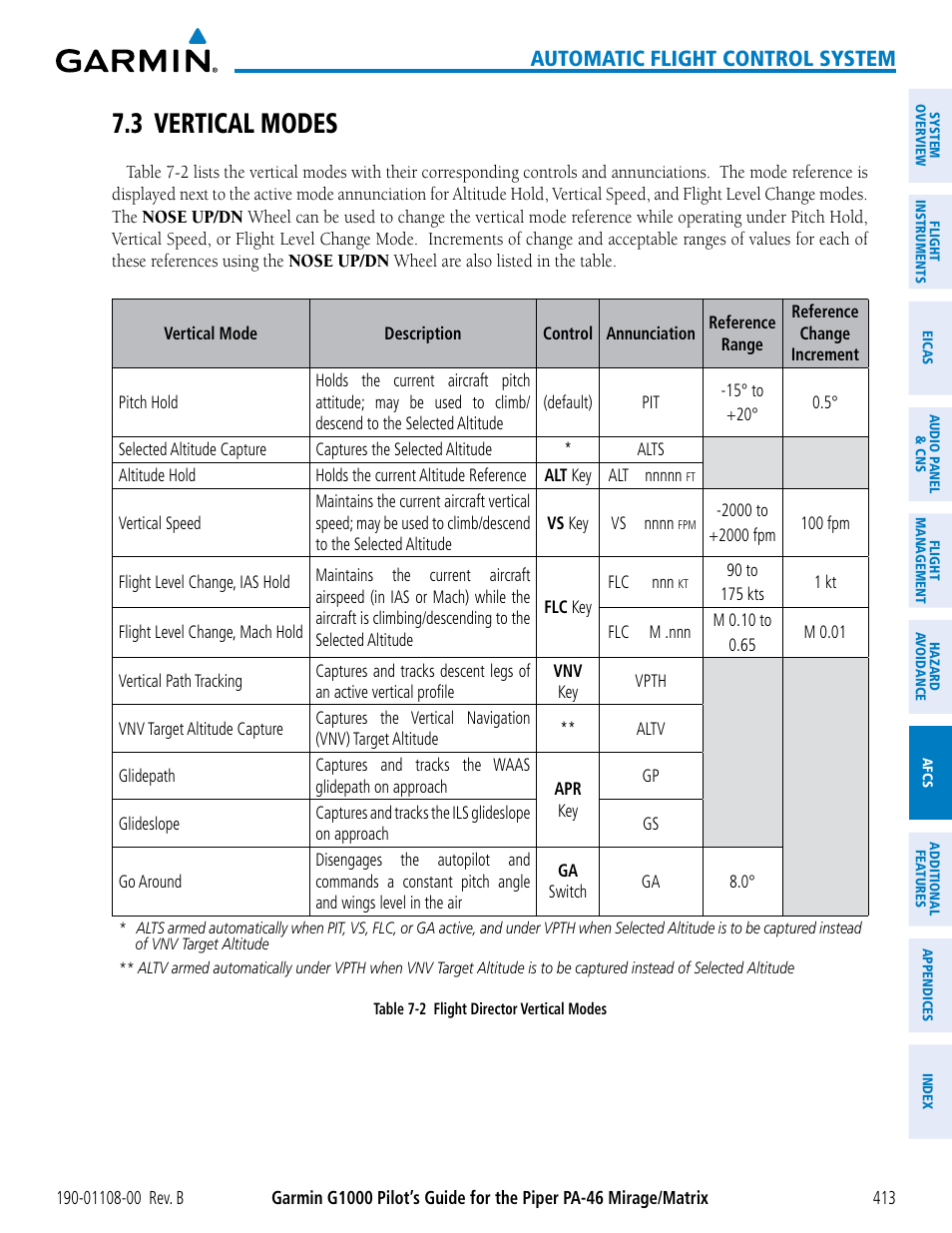 3 vertical modes, Automatic flight control system | Garmin G1000 Piper PA-46 Matrix User Manual | Page 427 / 600