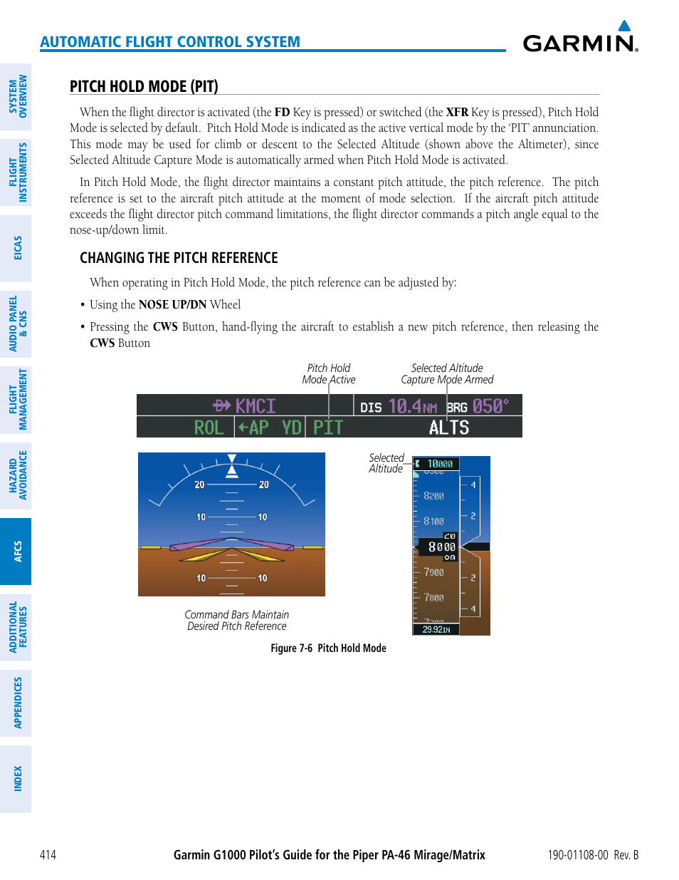 Pitch hold mode (pit), Automatic flight control system, Changing the pitch reference | Garmin G1000 Piper PA-46 Matrix User Manual | Page 428 / 600
