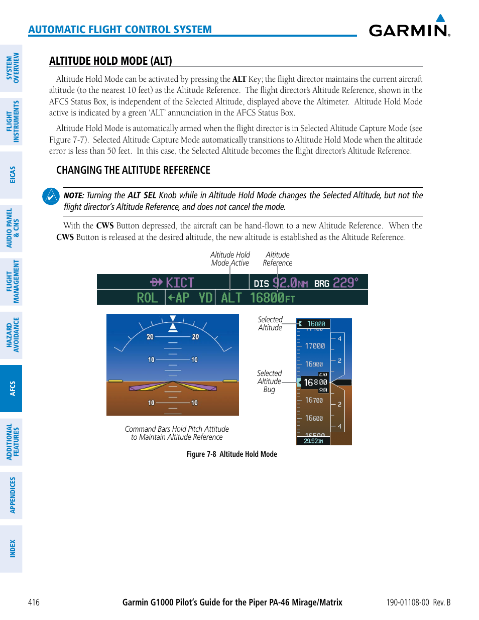 Altitude hold mode (alt), Automatic flight control system, Changing the altitude reference | Garmin G1000 Piper PA-46 Matrix User Manual | Page 430 / 600