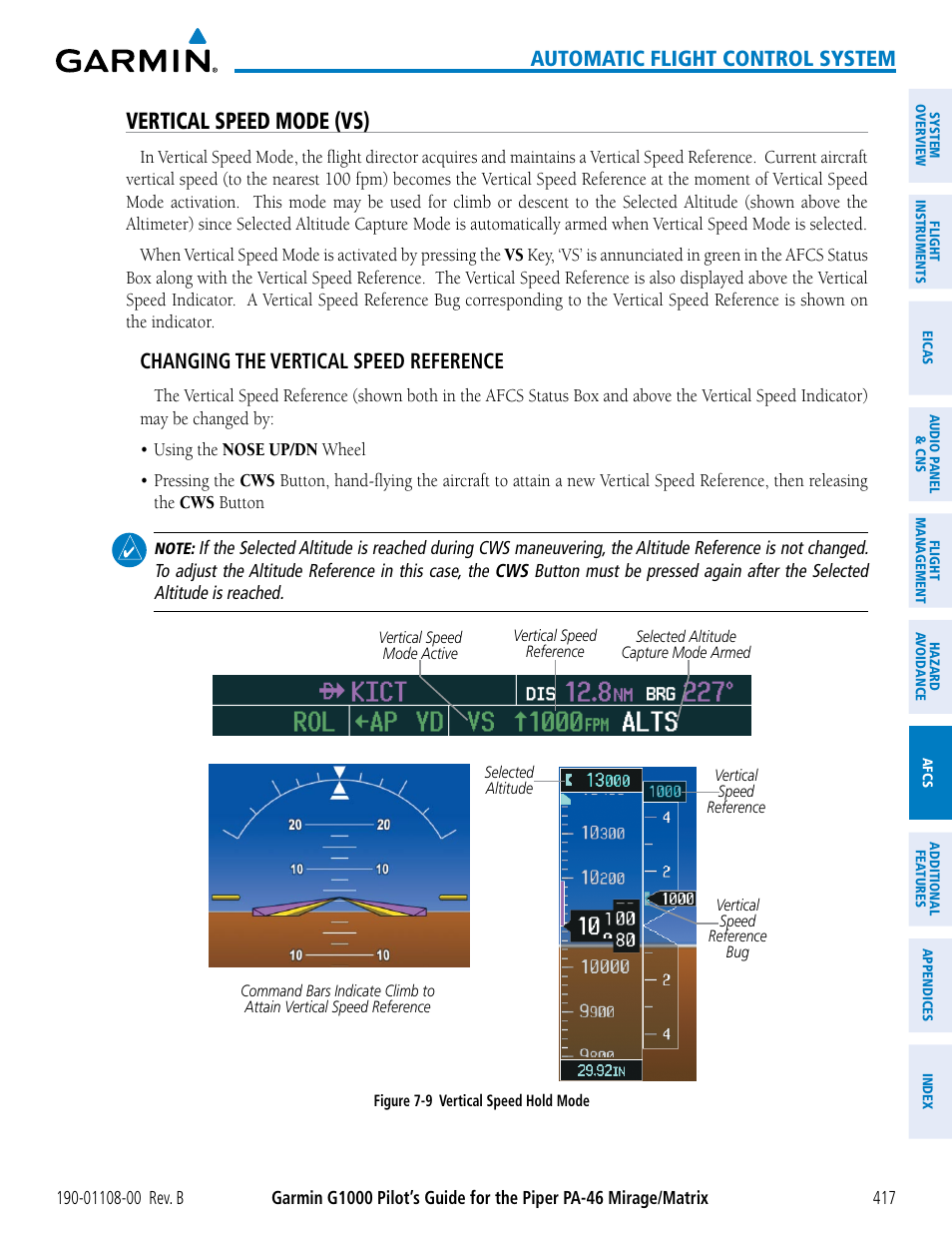 Vertical speed mode (vs), Automatic flight control system, Changing the vertical speed reference | Garmin G1000 Piper PA-46 Matrix User Manual | Page 431 / 600