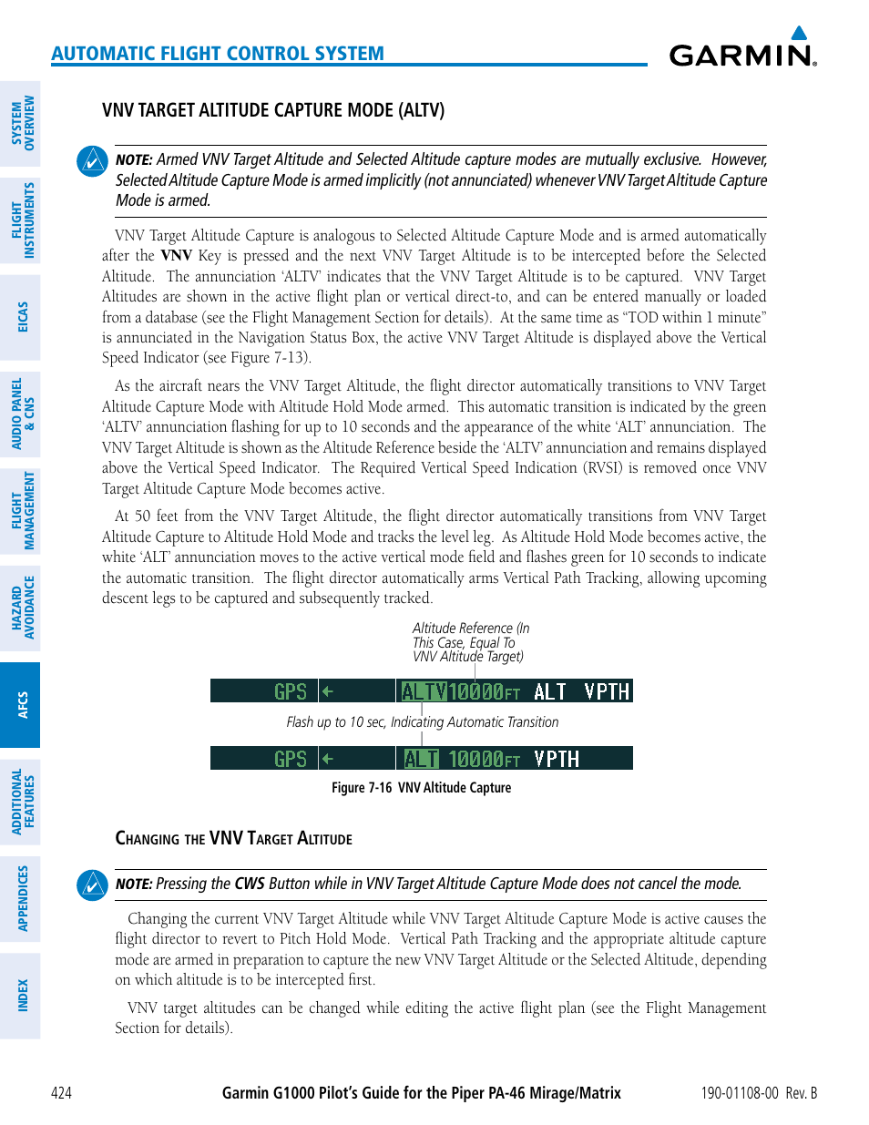 Automatic flight control system, Vnv target altitude capture mode (altv), Vnv t | Garmin G1000 Piper PA-46 Matrix User Manual | Page 438 / 600