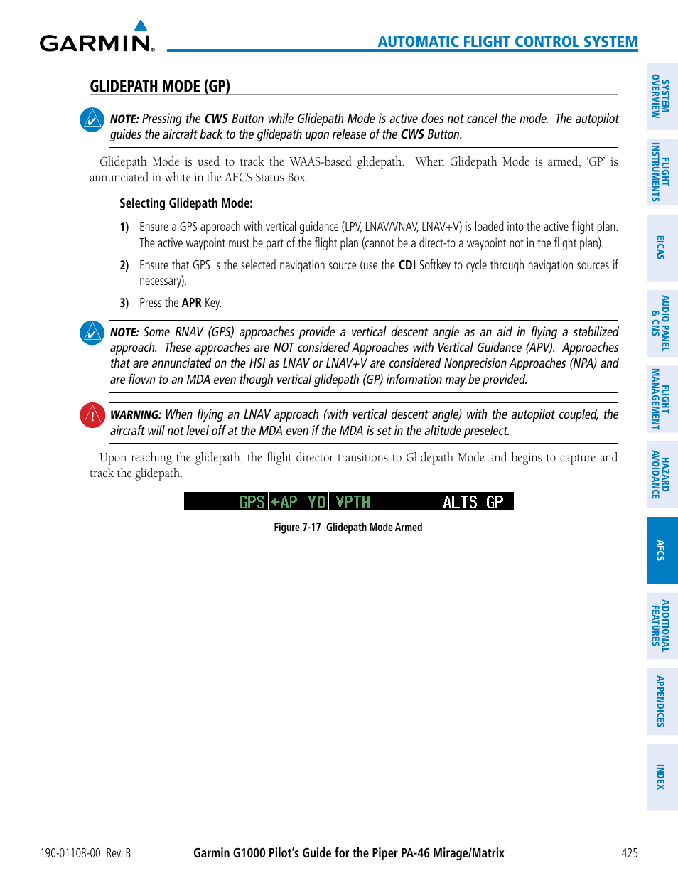 Glidepath mode (gp), Automatic flight control system | Garmin G1000 Piper PA-46 Matrix User Manual | Page 439 / 600