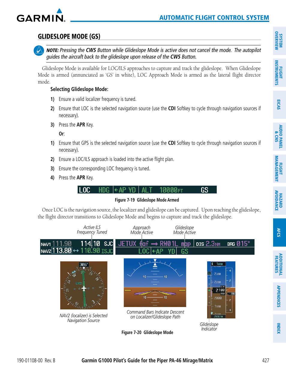 Glideslope mode (gs), Automatic flight control system | Garmin G1000 Piper PA-46 Matrix User Manual | Page 441 / 600