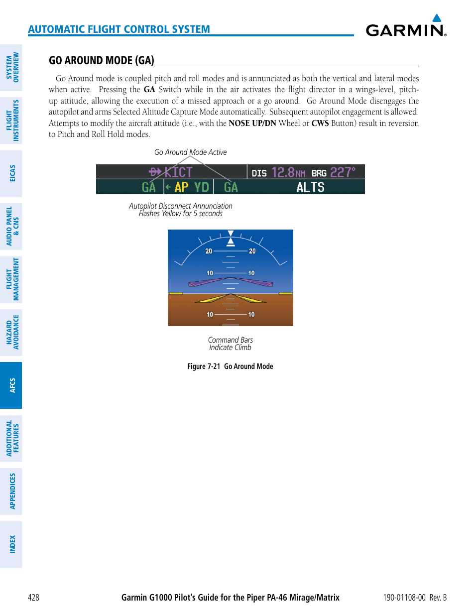 Go around mode (ga), Automatic flight control system | Garmin G1000 Piper PA-46 Matrix User Manual | Page 442 / 600