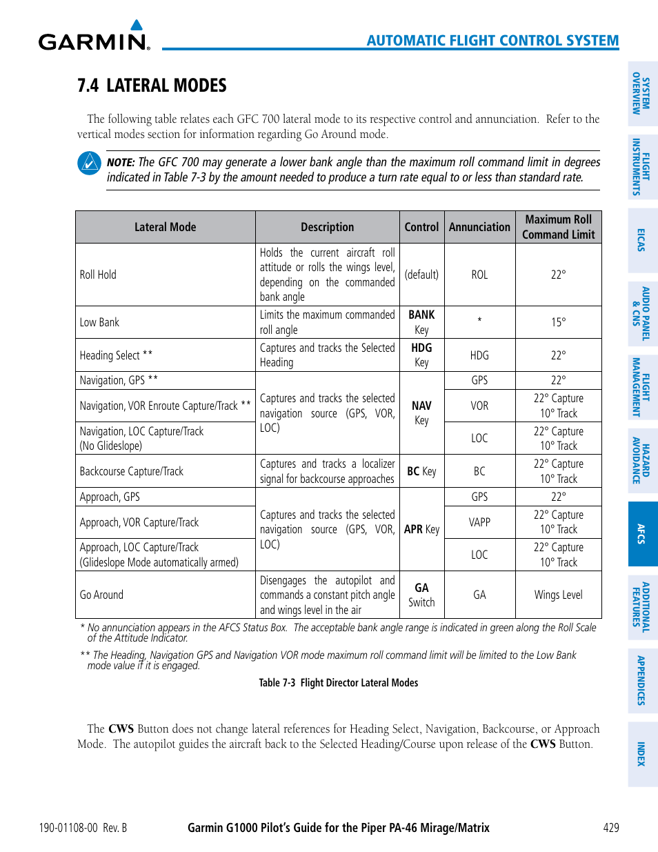 4 lateral modes, Automatic flight control system | Garmin G1000 Piper PA-46 Matrix User Manual | Page 443 / 600