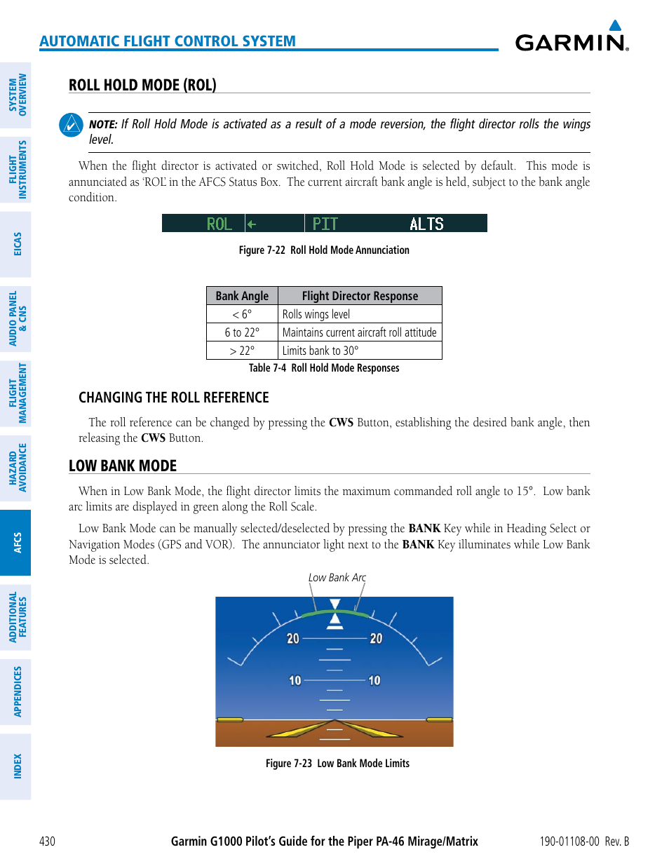 Roll hold mode (rol), Low bank mode, Automatic flight control system | Changing the roll reference | Garmin G1000 Piper PA-46 Matrix User Manual | Page 444 / 600