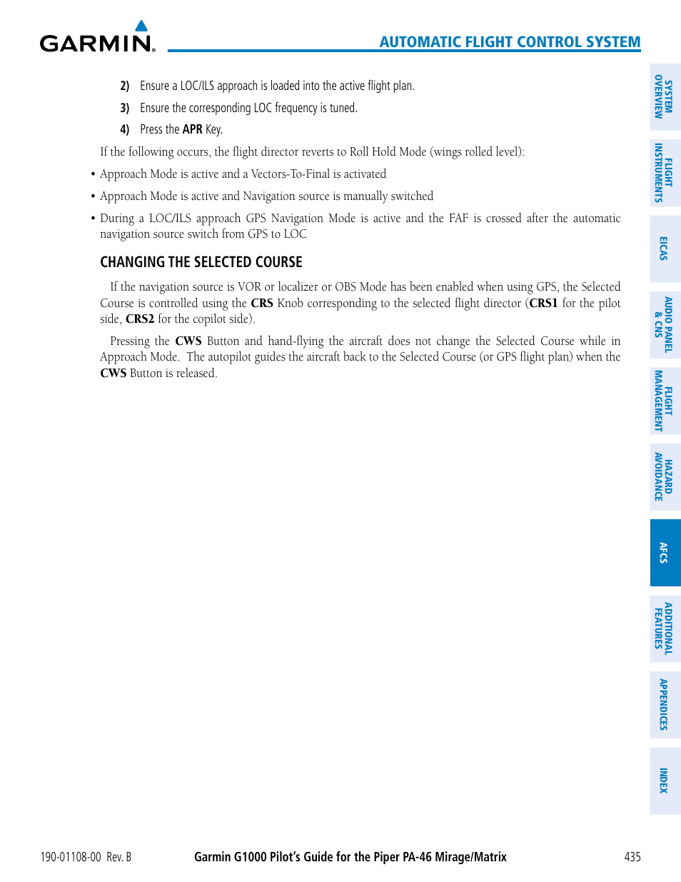 Automatic flight control system, Changing the selected course | Garmin G1000 Piper PA-46 Matrix User Manual | Page 449 / 600