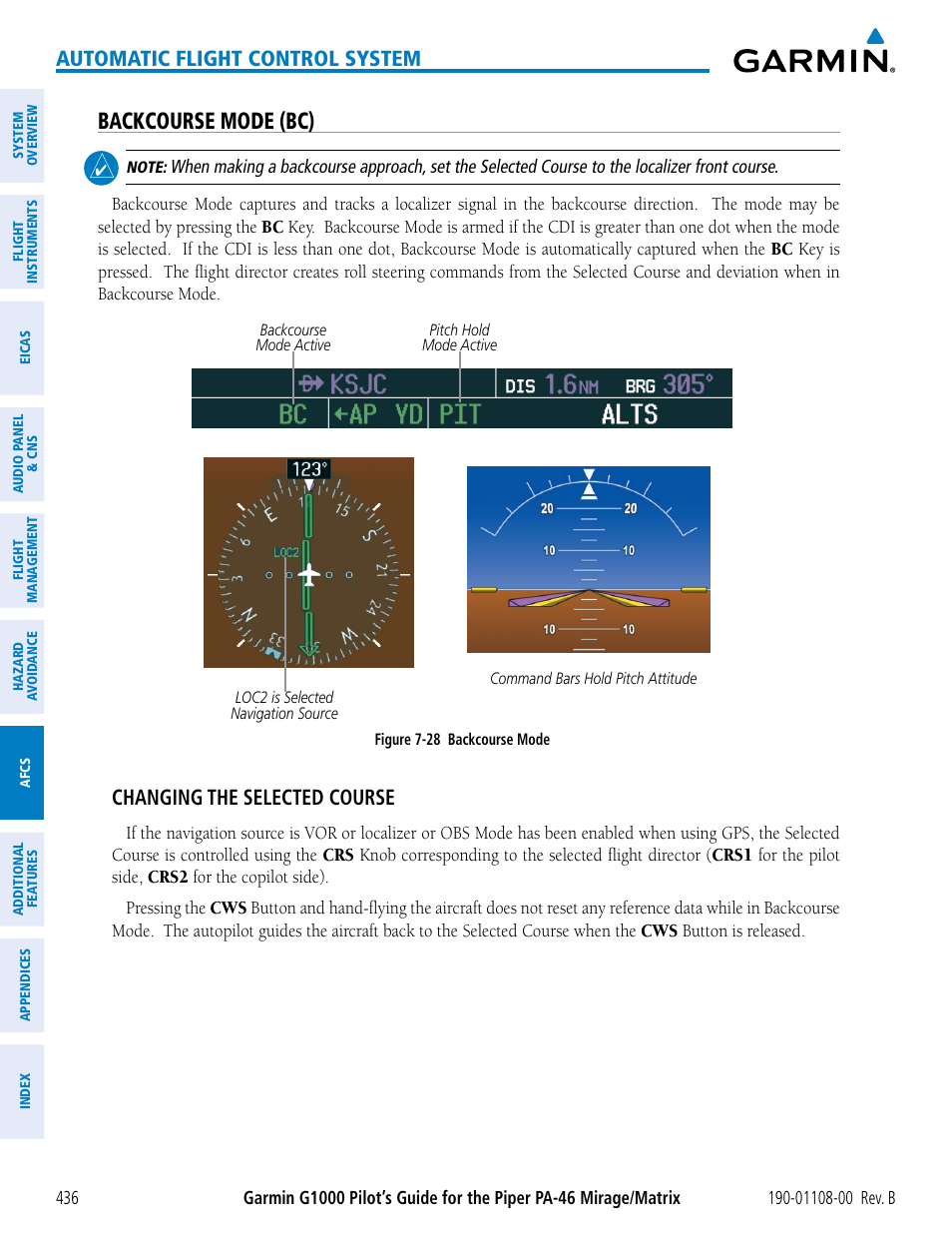 Backcourse mode (bc), Automatic flight control system, Changing the selected course | Garmin G1000 Piper PA-46 Matrix User Manual | Page 450 / 600