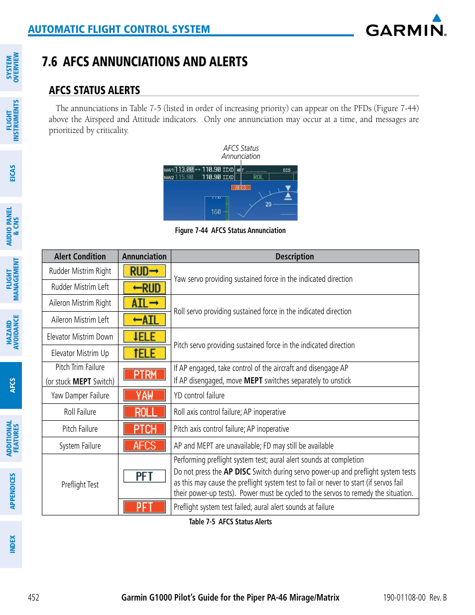 6 afcs annunciations and alerts, Afcs status alerts, Automatic flight control system | Garmin G1000 Piper PA-46 Matrix User Manual | Page 466 / 600