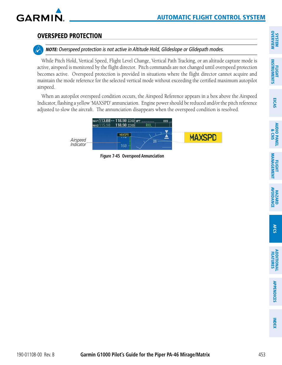 Overspeed protection, Automatic flight control system | Garmin G1000 Piper PA-46 Matrix User Manual | Page 467 / 600