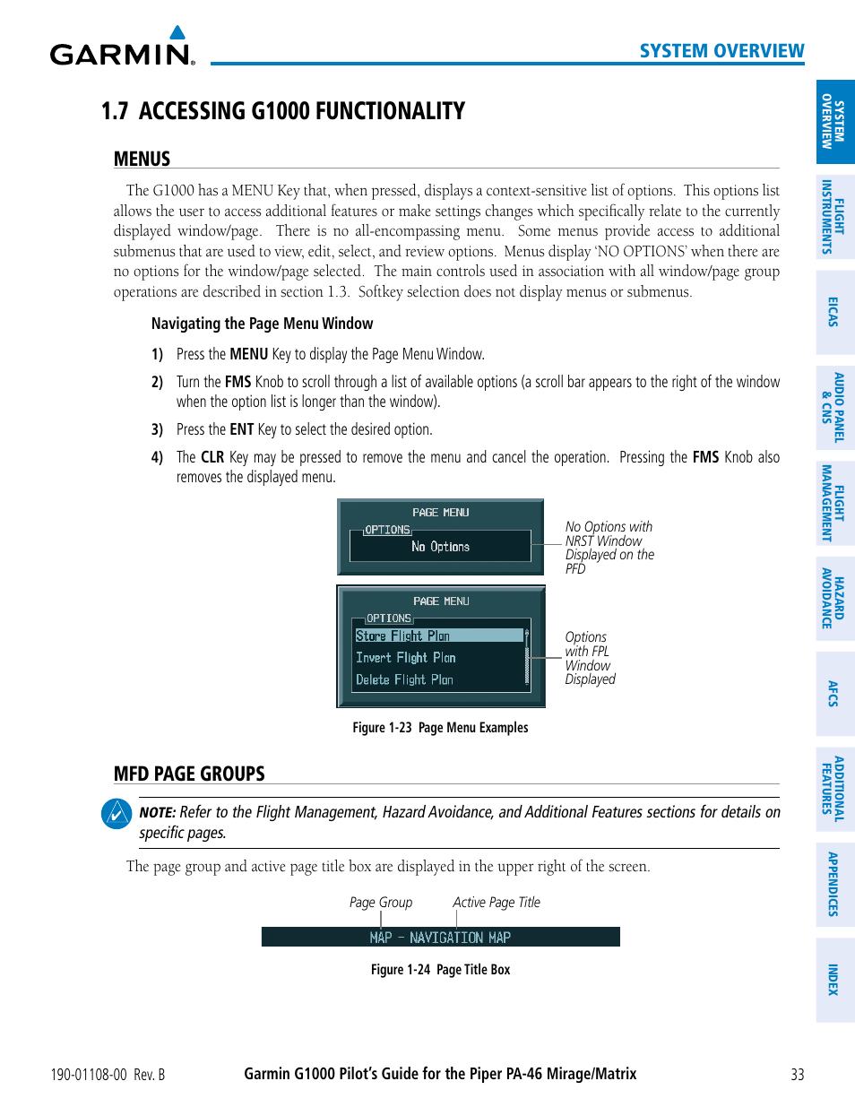 7 accessing g1000 functionality, Menus, Mfd page groups | System overview | Garmin G1000 Piper PA-46 Matrix User Manual | Page 47 / 600