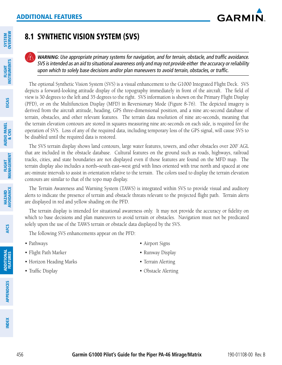 1 synthetic vision system (svs), Additional features | Garmin G1000 Piper PA-46 Matrix User Manual | Page 470 / 600