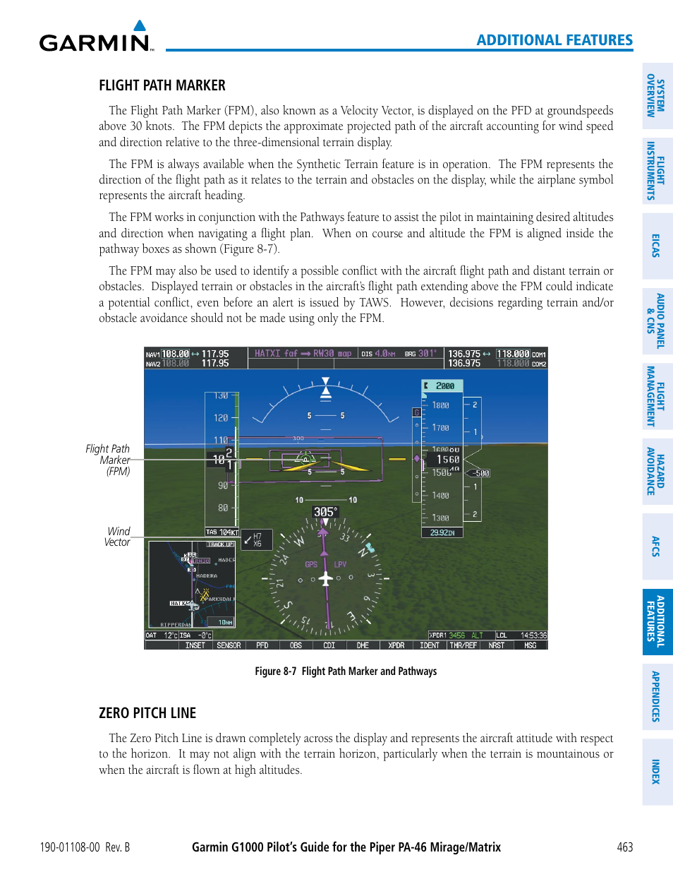 Additional features, Flight path marker, Zero pitch line | Garmin G1000 Piper PA-46 Matrix User Manual | Page 477 / 600