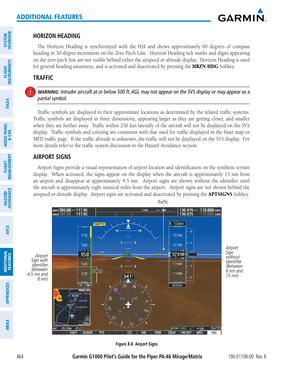 Additional features, Horizon heading, Traffic | Airport signs | Garmin G1000 Piper PA-46 Matrix User Manual | Page 478 / 600