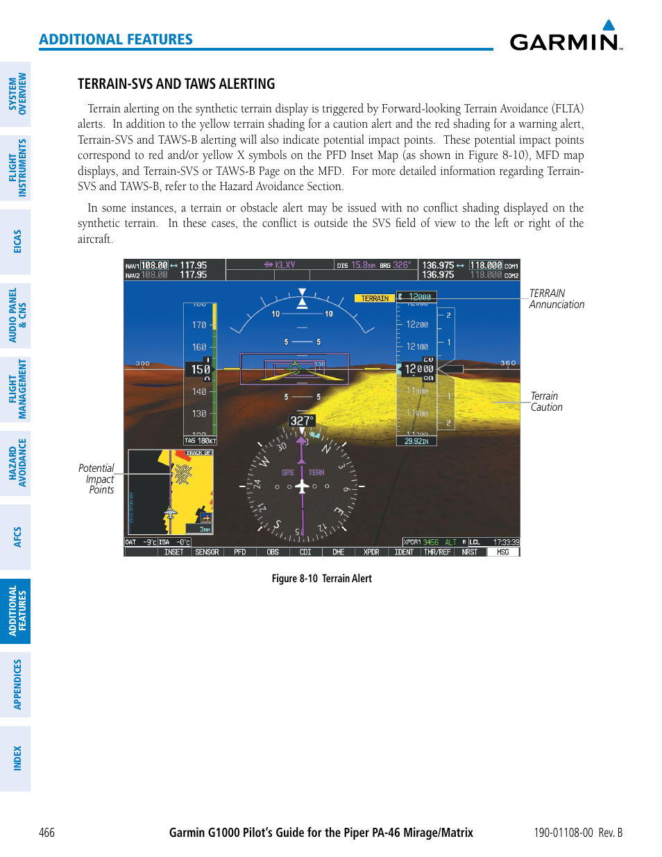 Additional features, Terrain-svs and taws alerting | Garmin G1000 Piper PA-46 Matrix User Manual | Page 480 / 600