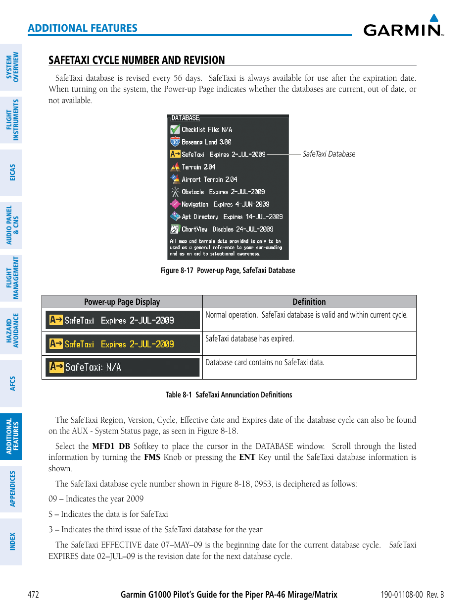 Safetaxi cycle number and revision, Additional features | Garmin G1000 Piper PA-46 Matrix User Manual | Page 486 / 600