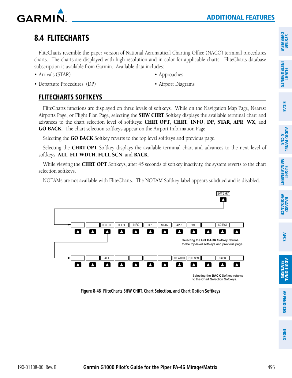 4 flitecharts, Flitecharts softkeys, Additional features | Garmin G1000 Piper PA-46 Matrix User Manual | Page 509 / 600