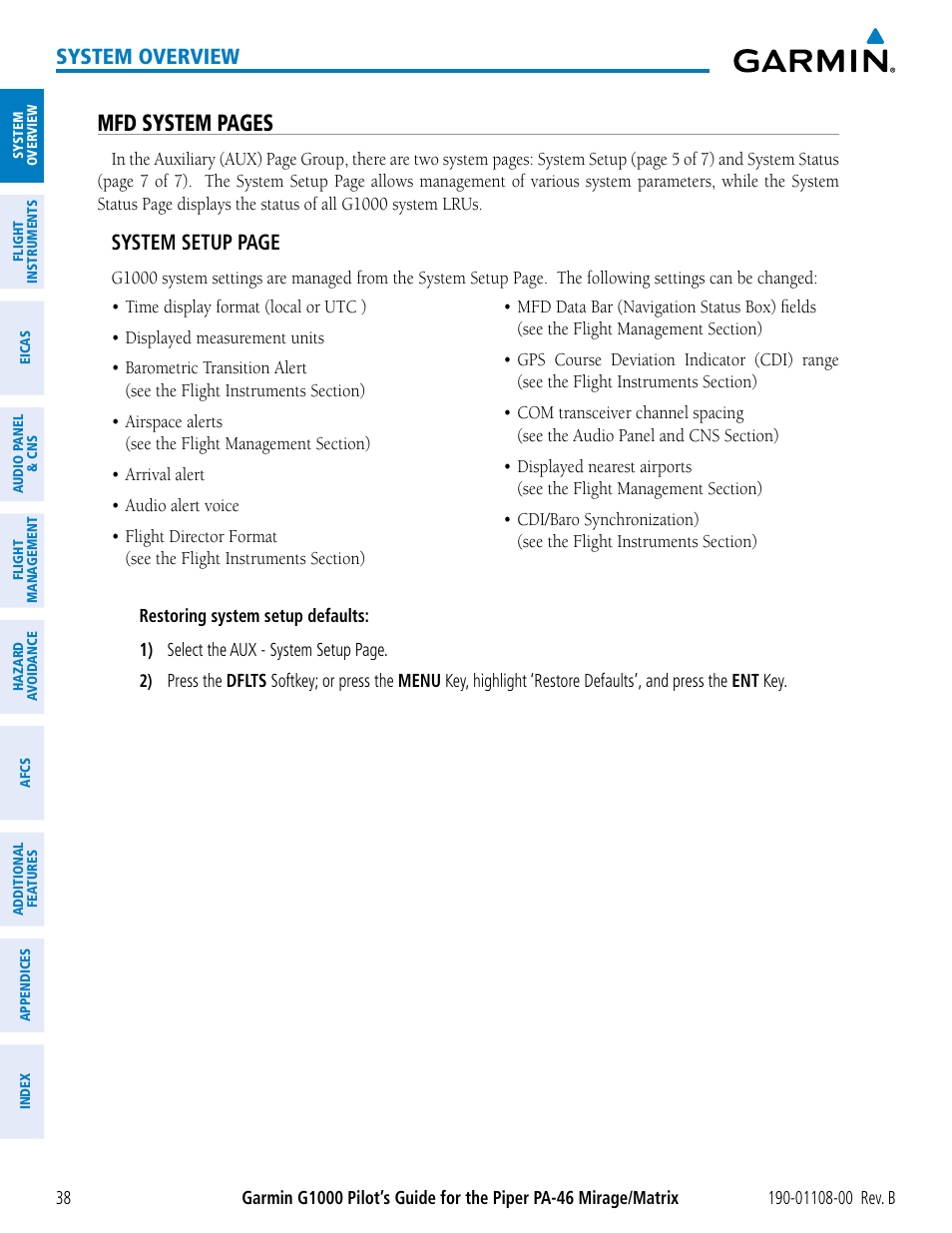 Mfd system pages, System overview, System setup page | Garmin G1000 Piper PA-46 Matrix User Manual | Page 52 / 600