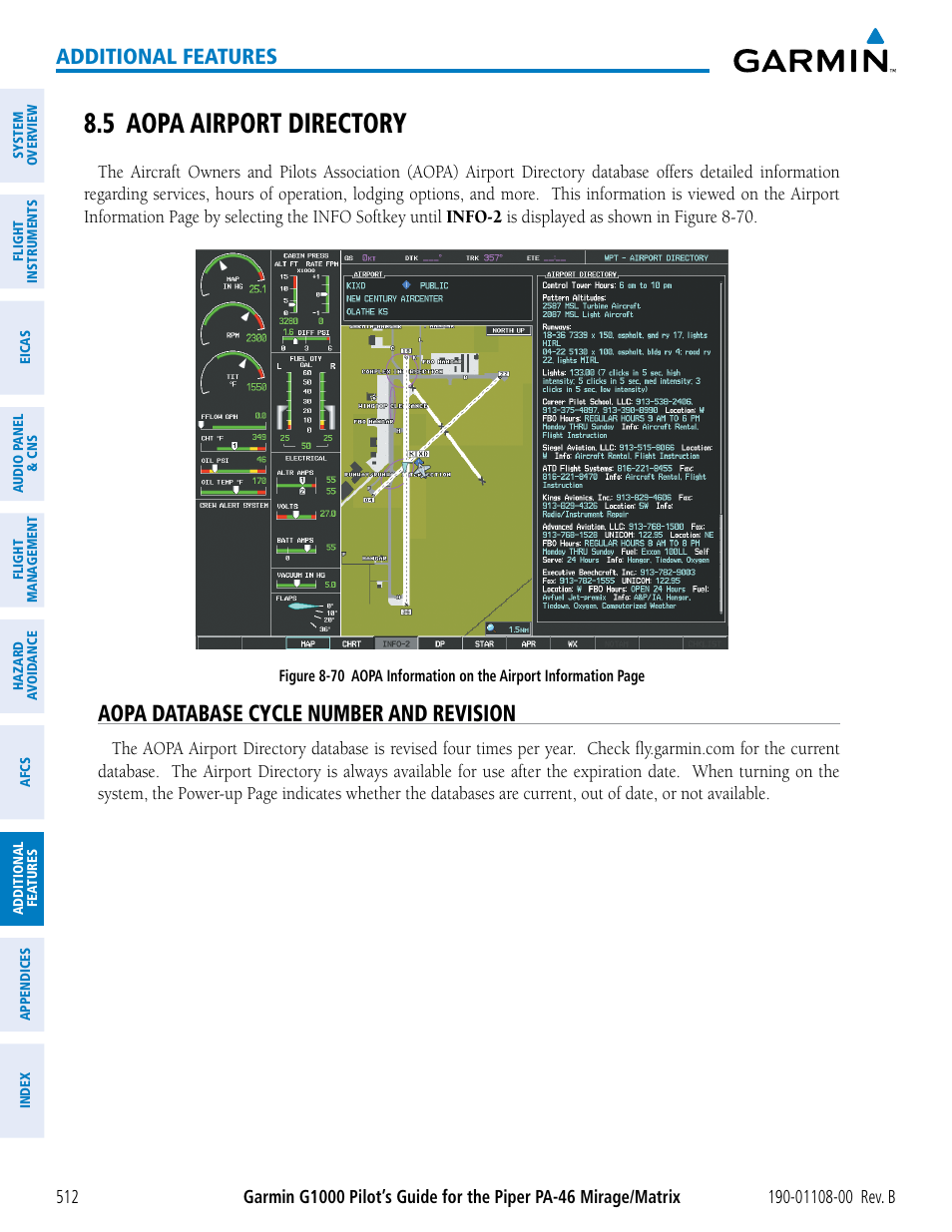 5 aopa airport directory, Aopa database cycle number and revision, Additional features | Garmin G1000 Piper PA-46 Matrix User Manual | Page 526 / 600