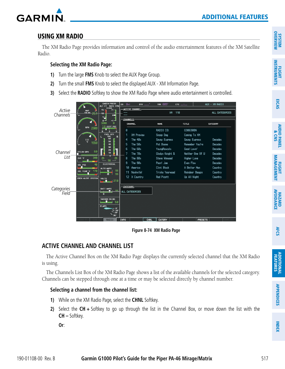 Using xm radio, Additional features, Active channel and channel list | Garmin G1000 Piper PA-46 Matrix User Manual | Page 531 / 600