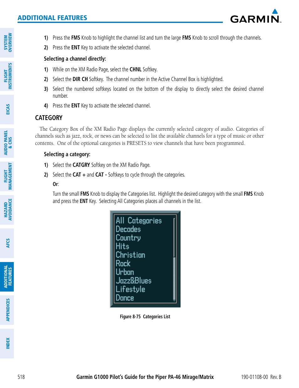Additional features, Category | Garmin G1000 Piper PA-46 Matrix User Manual | Page 532 / 600