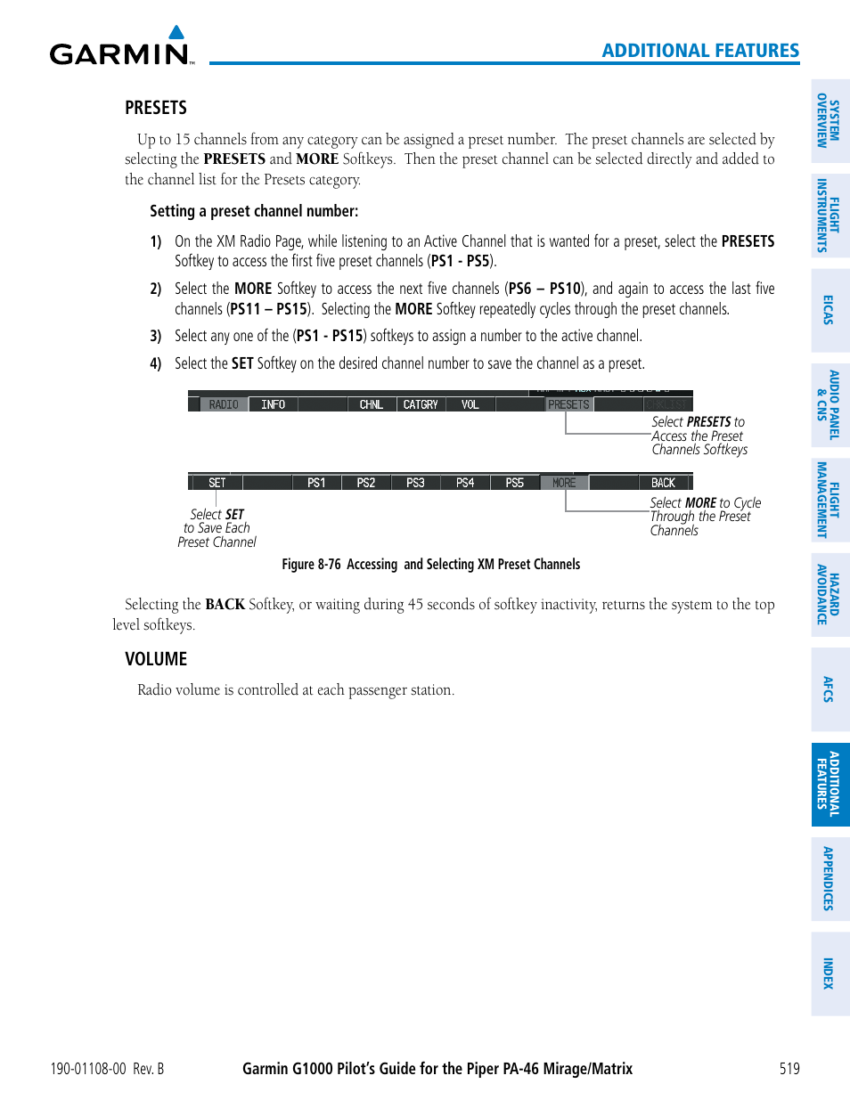 Additional features, Presets, Volume | Garmin G1000 Piper PA-46 Matrix User Manual | Page 533 / 600