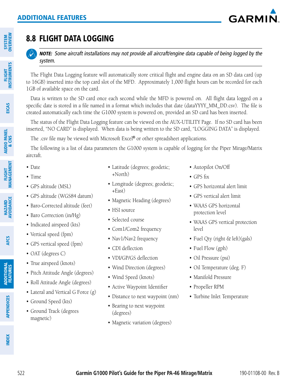 8 flight data logging, Additional features | Garmin G1000 Piper PA-46 Matrix User Manual | Page 536 / 600
