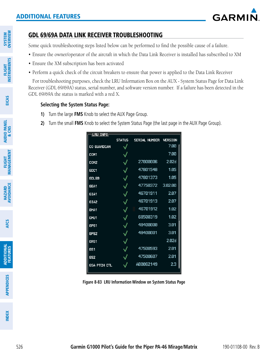 Gdl 69/69a data link receiver troubleshooting, Additional features | Garmin G1000 Piper PA-46 Matrix User Manual | Page 540 / 600