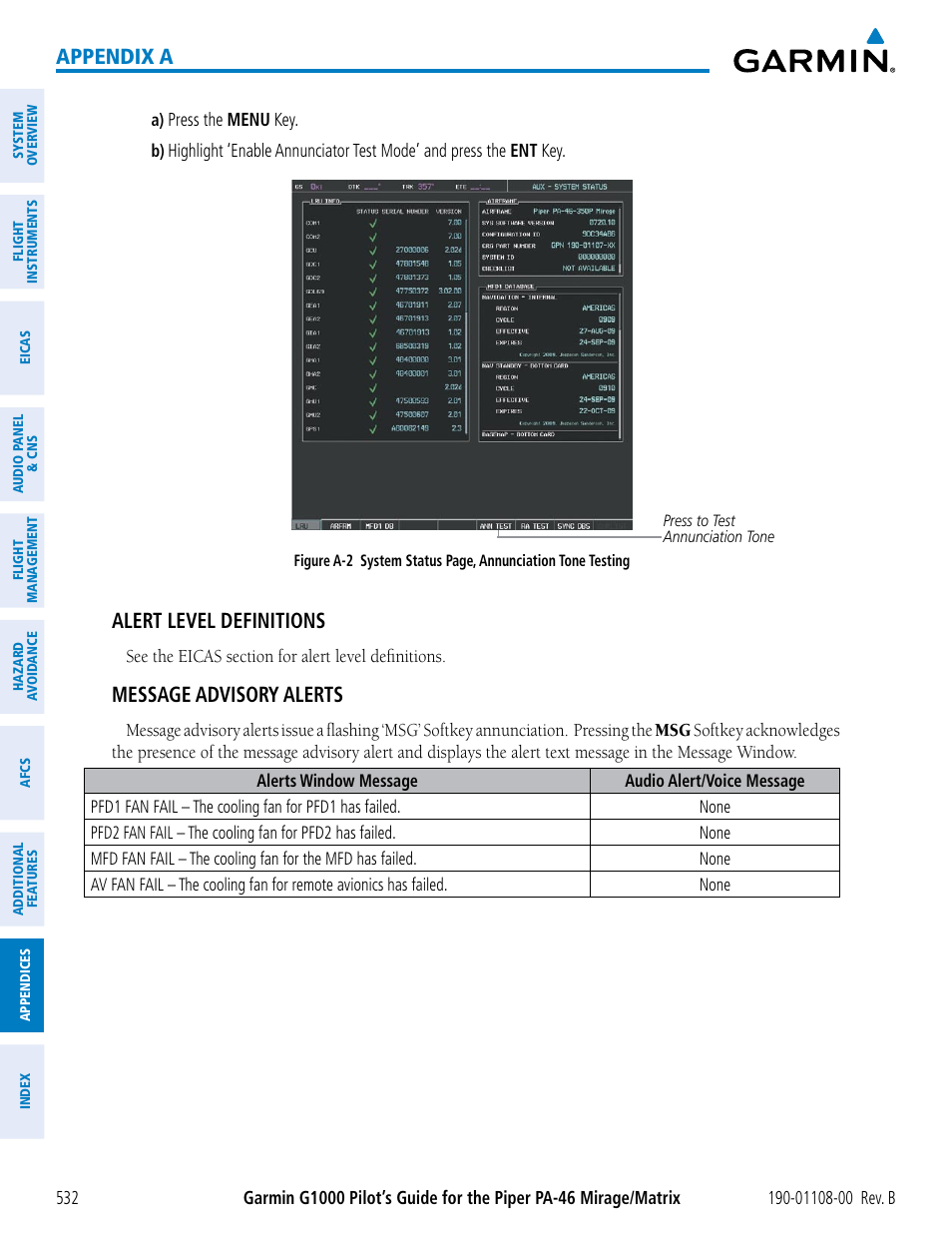Appendix a, Alert level definitions, Message advisory alerts | Garmin G1000 Piper PA-46 Matrix User Manual | Page 546 / 600