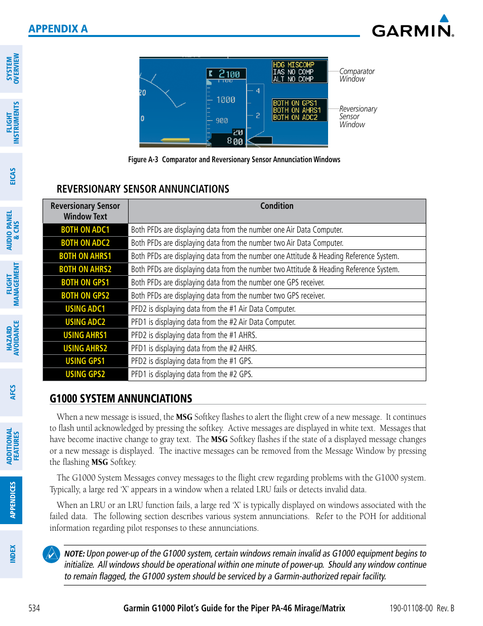 G1000 system annunciations, Appendix a, Reversionary sensor annunciations | Garmin G1000 Piper PA-46 Matrix User Manual | Page 548 / 600