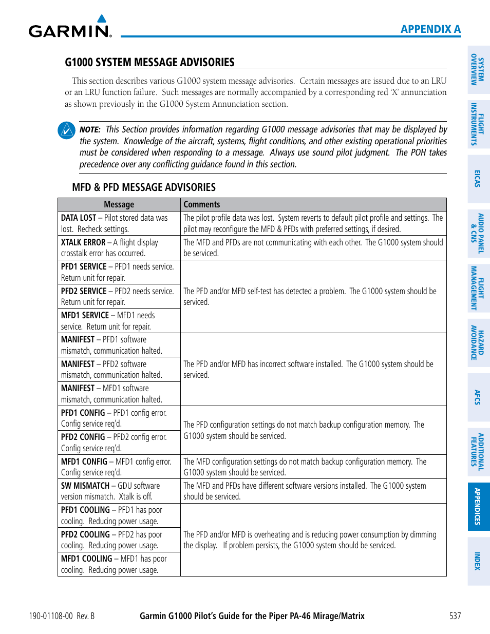 G1000 system message advisories, Appendix a, Mfd & pfd message advisories | Garmin G1000 Piper PA-46 Matrix User Manual | Page 551 / 600