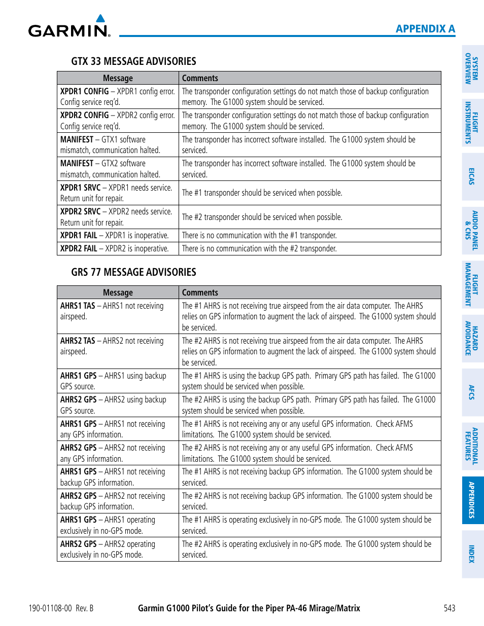 Appendix a gtx 33 message advisories, Grs 77 message advisories | Garmin G1000 Piper PA-46 Matrix User Manual | Page 557 / 600